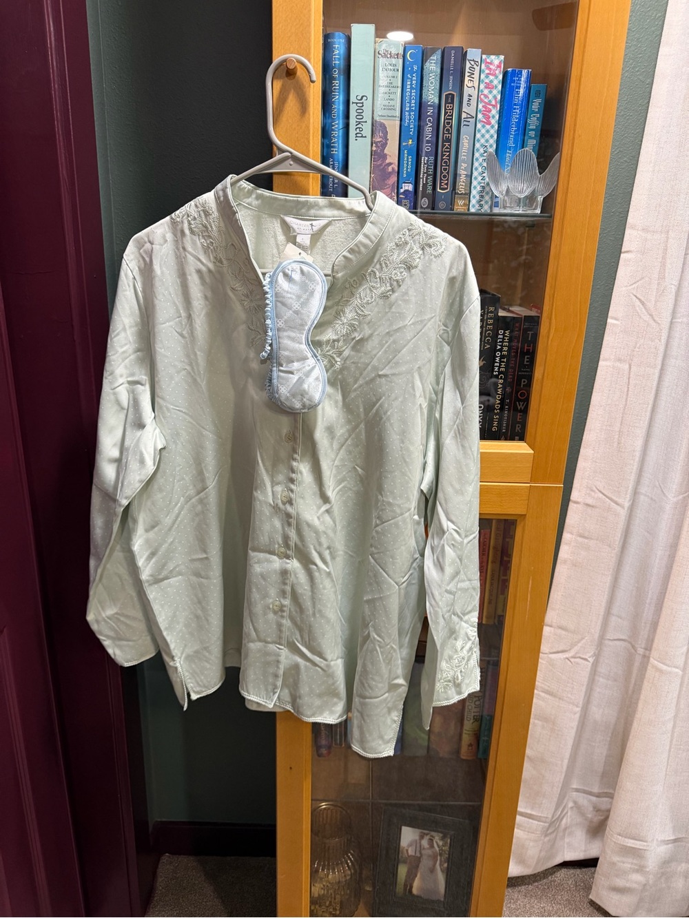 Charter Club Pale Sage Green Embroidered Button-Up Top